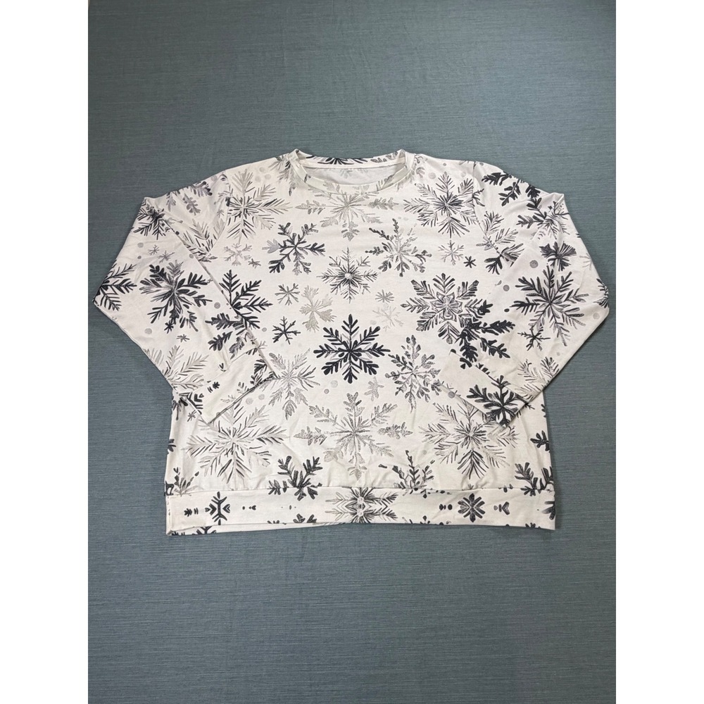Unbranded Snowflake Print Long Sleeve Crewneck Pullover Top White Grey 3XL